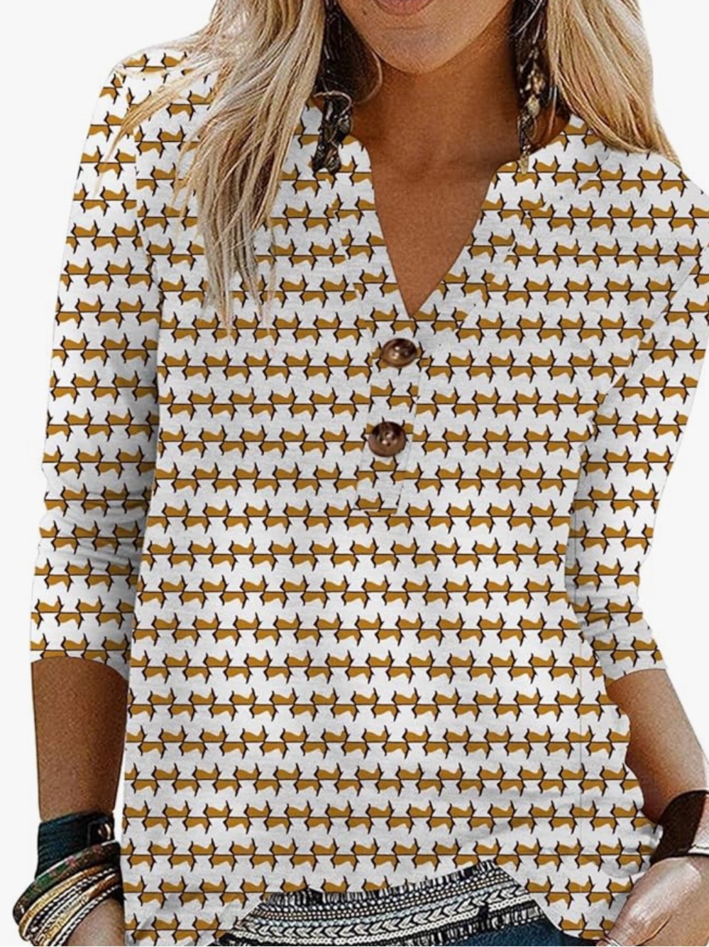 Chic Nation White & Mustard Star-Pattern Button Down Top